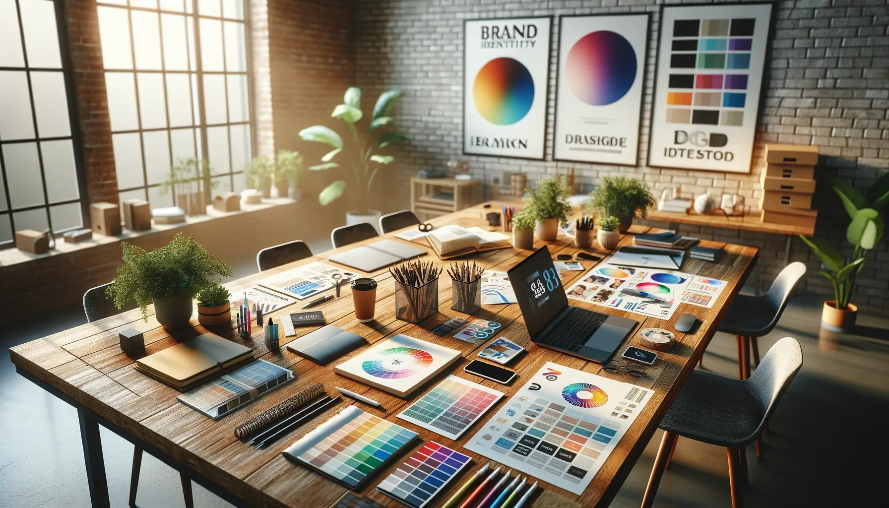 Workspace creativo con mood board, campioni di colori, bozze di logo e materiali di marketing per lo sviluppo dell'identità di marca